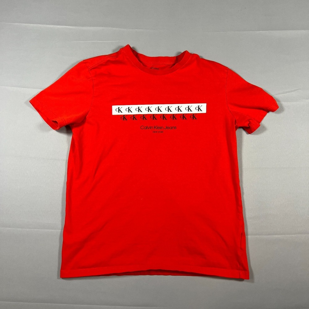Calvin Klein T Shirt Mens S Red Cotton Regular Logo Print Long Sleeve Crew Neck
